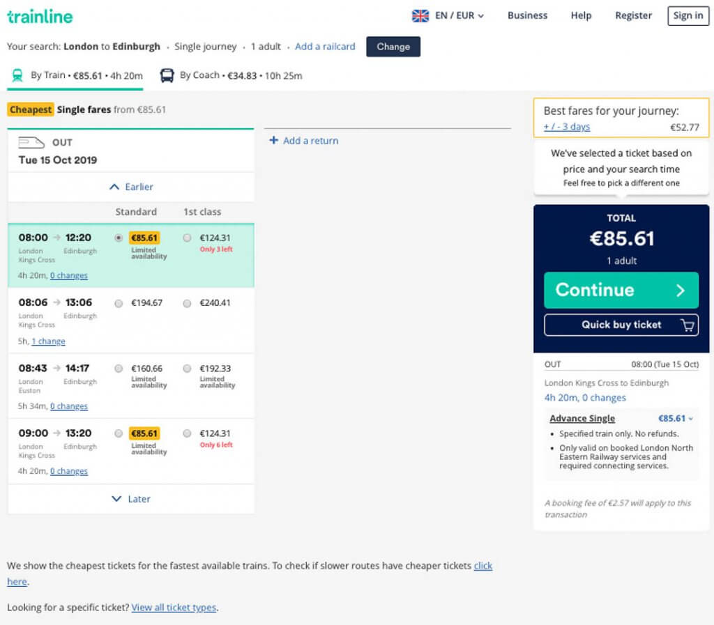 Trainline UK London to Edinburgh
