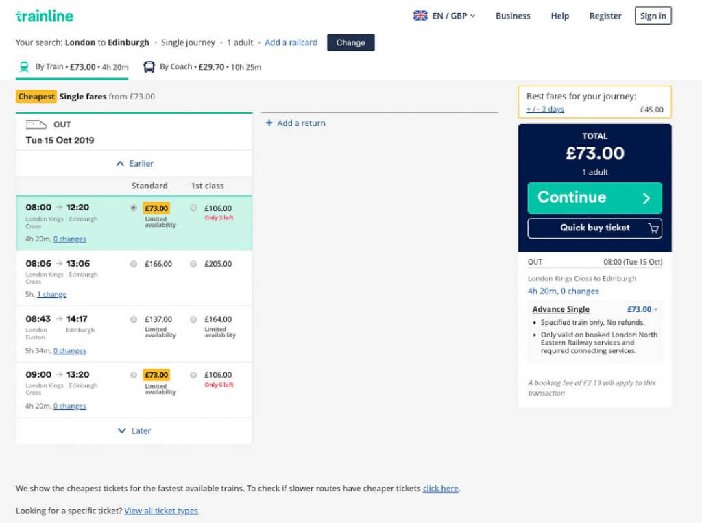 Trainline UK London to Edinburgh