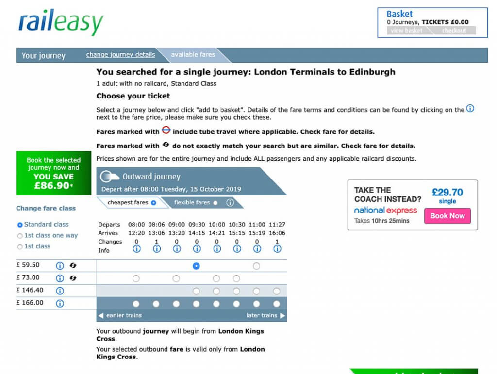 Raileasy UK London to Edinburgh