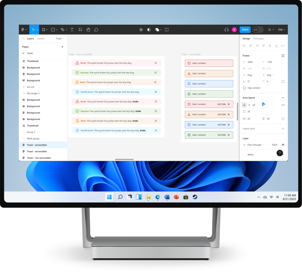 A windows display mockup with Figma software open and displaying examples of warning, success, informational and error toast messages