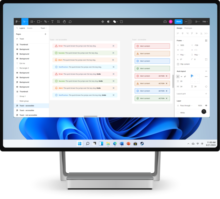 A windows display mockup with Figma software open and displaying examples of warning, success, informational and error toast messages